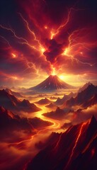 A fiery explosion bursts from the peak of a volcano, with lightning striking through the smoke