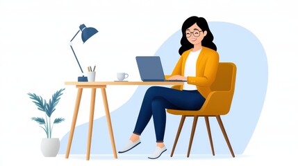Focused Female Professional Working Comfortably on Laptop at Bright Minimalist Home Workspace with Wooden Desk Ergonomic Chair and Small Potted Plant Accent