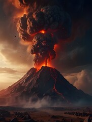 Thick black clouds rise from an erupting volcano, glowing with the intense heat of magma