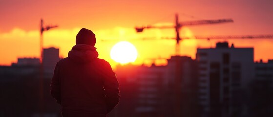 Fototapeta premium A silhouette of a person watching a vibrant sunset over a city skyline with construction cranes, evoking a sense of reflection and urban development