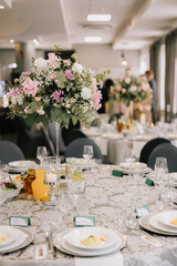 Wedding flowers, flower decorations at wedding reception, fresh flowers