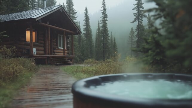 Misty Forest Cabin With Hot Tub On Rainy Day featuring nature and relaxation in a tranquil setting,