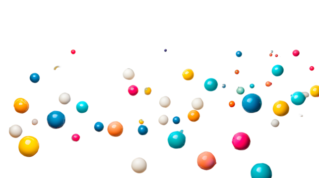 many colored balls and balloons floating in the air against a transparent background, PNG image, PNG file, Generative art.