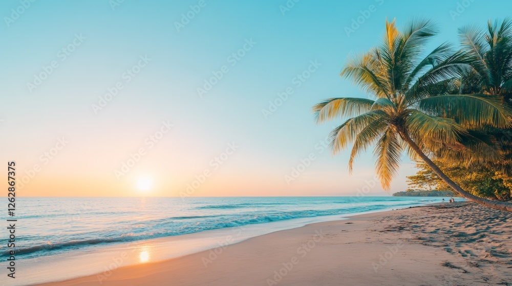 Poster Tranquil scene of a sunset over a tropical beach with calm waves gently lapping the shore and a palm tree leaning towards the ocean, creating a serene and idyllic paradise