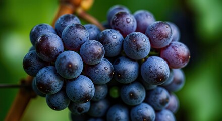 Fresh Dark Grapes with Water Droplets on Vine Ready to Eat