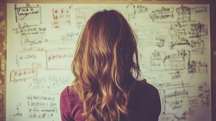 Creative and analytical thinking concept. Back view of a girl drawing colorful sketch and mathematical formulas on a billboard in a room, symbolizing problem-solving and innovation through creativity
