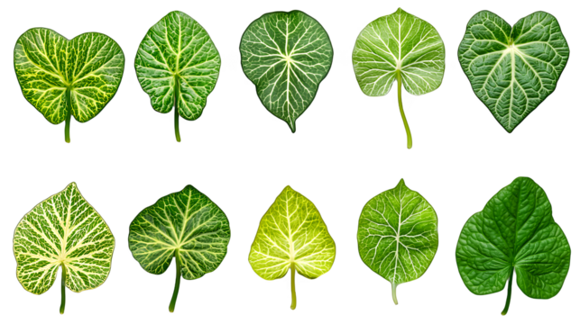 a collection of green leaf on a transparent background, PNG image, PNG file, Generative art.
