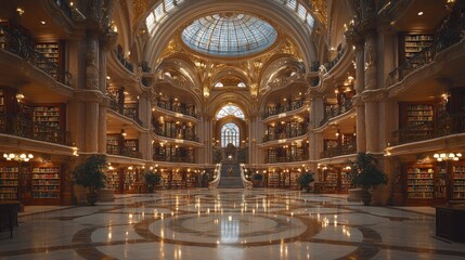 Obraz premium Grand opulent library interior with high ceilings, marble floors, and multiple levels of bookshelves.