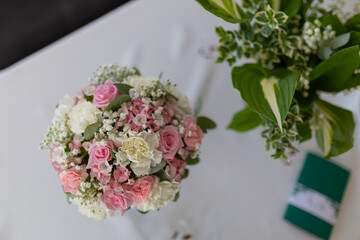 Wedding bouquet of white and pink flowers, wedding day, bride