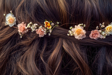 Naklejka premium Strands of hair entwined with flowers. Generative AI