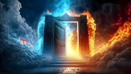 Animation of heaven paradise and fiery hell gates choice. Door to heaven and hell. Good and evil, light and darkness. God's judgment, christianity concept. Religious background