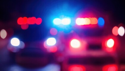 blurred police lights at night with abstract red and blue bokeh, symbolizing emergency response or law enforcement action

