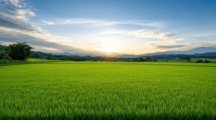 Fototapeta premium Green rice fields stretch under a vibrant sunset sky, with white dots marking areas for digital broadcasting in a rural landscape