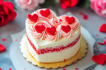 Heart-shaped cake decorated for love. Generative AI