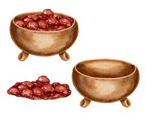 Wooden Russian traditional deep plate bowl with cherry or strawberry jam set on white. Watercolor illustration for labels, packaging, menus, decoration of compositions for holidays and festivals