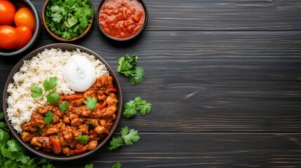 Savory Chicken Curry with Rice, Fresh Cilantro, Tomatoes, and Spices on Rustic Wooden Table