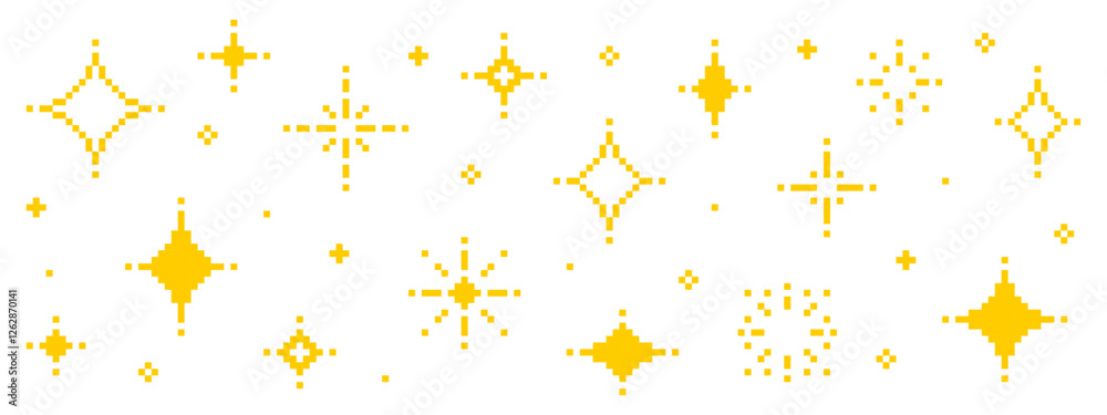 Poster Pixel art sprite sheet of yellow sparkles isolated on a white background. Pixel yellow stars. 8-bit 2D game assets sheet. vector graphics. 
