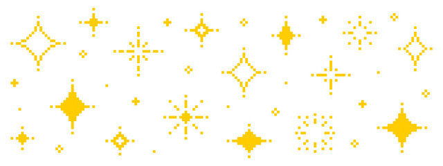 Pixel art sprite sheet of yellow sparkles isolated on a white background. Pixel yellow stars. 8-bit 2D game assets sheet. vector graphics.  © hiten666