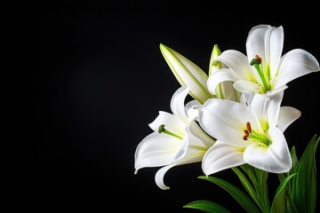 Fototapeta premium Elegant white lilies against a dark background, showcasing delicate petals and vibrant green leaves.