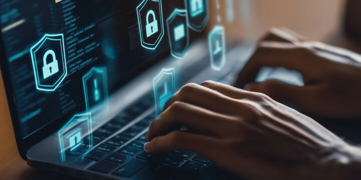 A close-up photo of hands typing on a laptop, overlaid with digital shield icons and padlocks