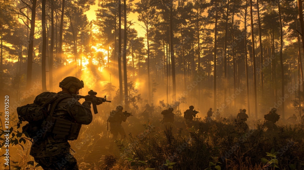 Poster soldiers move stealthily through a thick forest as golden sunlight filters through the trees, creati