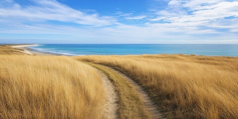 dry coastal grass growing along a winding path, leading toward the beach where the clear blue ocean meets the sky at the horizon