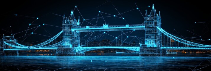 Abstract Wireframe Cityscape Iconic London Bridge Illuminated In Glowing Blue Lights Drawing