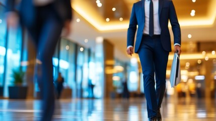 Fototapeta premium Businessman walking confidently through a modern office building with blurred figures in background