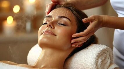 Woman receiving a relaxing steam facial massage in a spa with warm candlelight. Self-care, luxury wellness, skincare therapy, relaxation, beauty rituals.