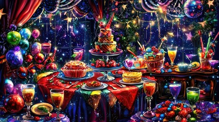 Festive Christmas dessert feast, magical night, indoor setting, holiday celebration