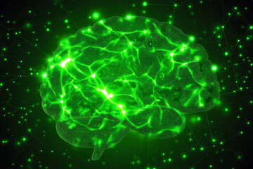 Fototapeta premium Tech circuit board shaped like brain glowing green background
