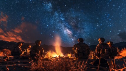 A group of soldiers sits around a campfire, sharing stories and camaraderie, while the breathtaking Milky Way illuminates the night sky in a tranquil outdoor setting.
