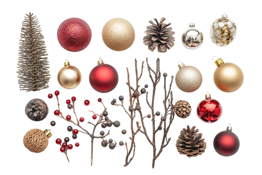 A row of Christmas trees with many ornaments hanging from them. ,on transparent background.