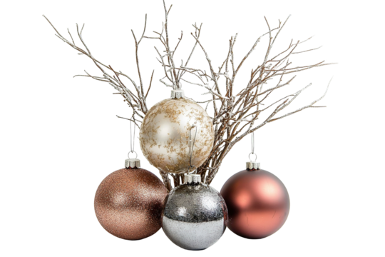 A row of Christmas trees with many ornaments hanging from them. ,on transparent background.