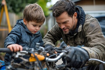 Father and son repairing motorcycle together in backyard
