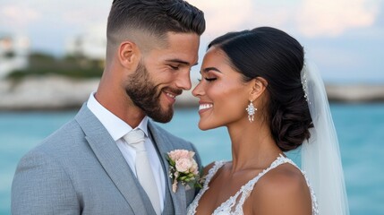 Elegant Beachfront Wedding Featuring a Romantic Couple in a Loving Embrace Against a Backdrop of Tropical Scenery and Stunning Sunset