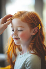 Fototapeta premium Cute redheaded girl with her hair getting braided by her mother.