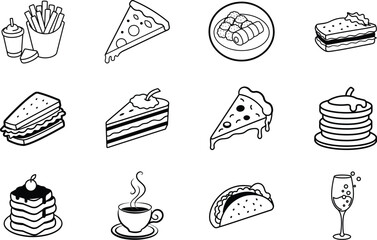 Delicious Food Icons Pizza, Fries, Cake, Pancakes, and More