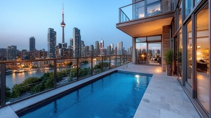Dazzling cityscape of towering skyscrapers and modern architecture as seen from a high rise rooftop pool and terrace with stunning panoramic views of the bustling metropolitan area below