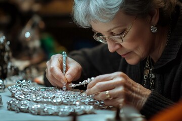 Jeweler working with tweezers adding gems to precious metal jewelry