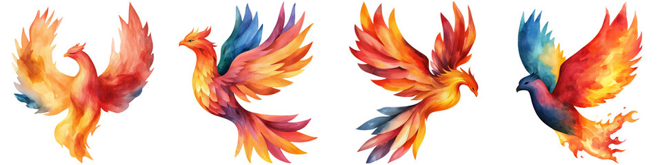 Obraz premium Manifest creation and watercolor, Colorful birds with vibrant plumage display various wing positions, showcasing artistic interpretations of avian elegance.