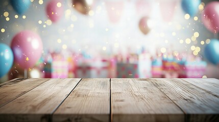 Wood table with colorful balloons and party background. Empty wooden table for a birthday party. Generative ai display with a product background. A wooden table adorned lifestyle with vibrant.