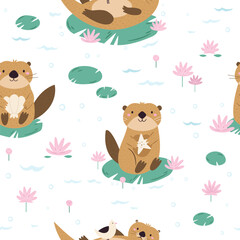 Seamless patterns with cute otters floating among water lilies