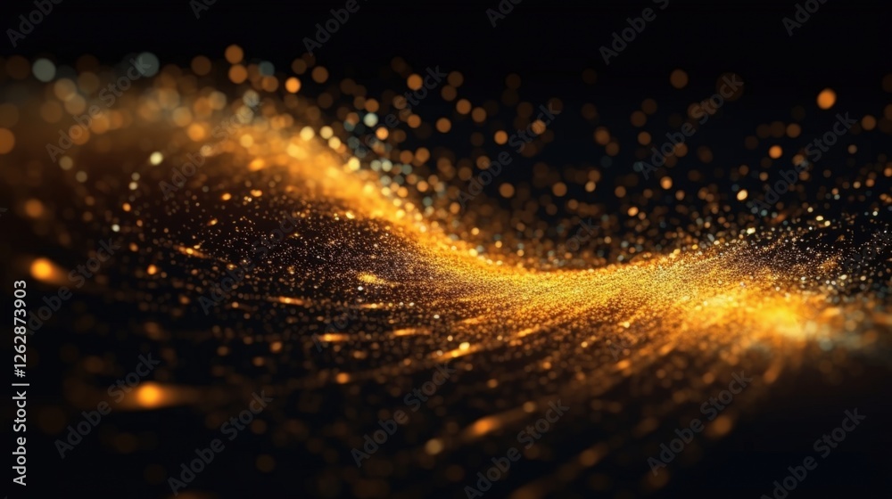 Poster a shimmering wave of golden particles glows against a dark background, creating an ethereal and dyna