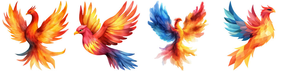Obraz premium Manifest creation and watercolor, Colorful, stylized birds with vibrant feathers, showcasing a variety of hues and dynamic poses.