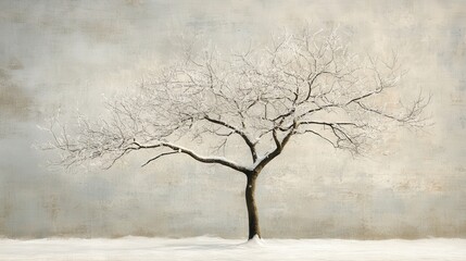 tree stands frozen in time, its snow-laden branches beautifully etched against the soft grays of a winter sky