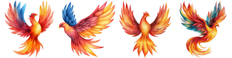 Manifest creation and watercolor, A vibrant display of four colorful phoenixes, showcasing dynamic wings and bright plumage in hues of red, orange, yellow, and blue.
