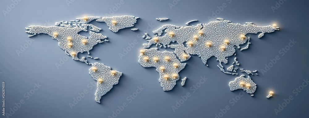 Poster visual concept showcasing a global network with location pins over a digital map, emphasizing techno