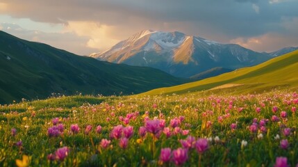 Obraz premium Enchanting Springtime in the Alps: Meadows Ablaze with Blooms Against a Mountainous Backdrop