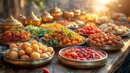 Indian street food display, vibrant dishes, sunlight